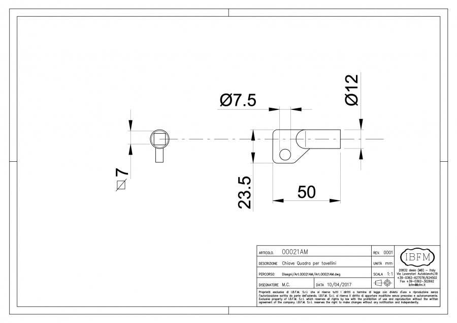 Chiave Quadra per Tavellino - disegno tecnico