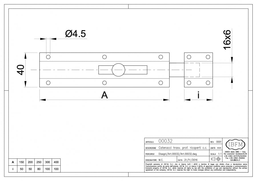 Catenaccio Trasversale con incontro - disegno tecnico