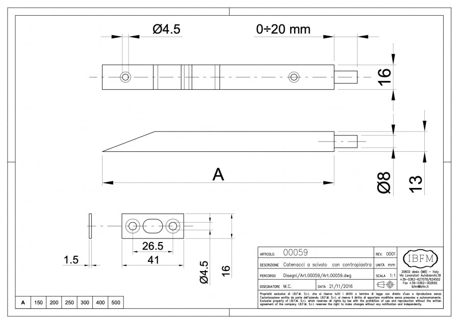 Catenaccio a Scivolo - disegno tecnico