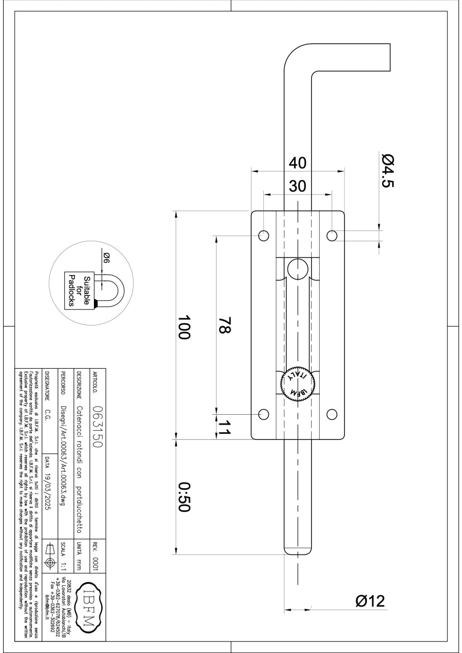 Catenaccio Rotondo con Portalucchetto con Asta Lunga - disegno tecnico