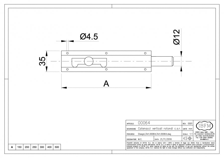 Catenaccio Verticale - disegno tecnico