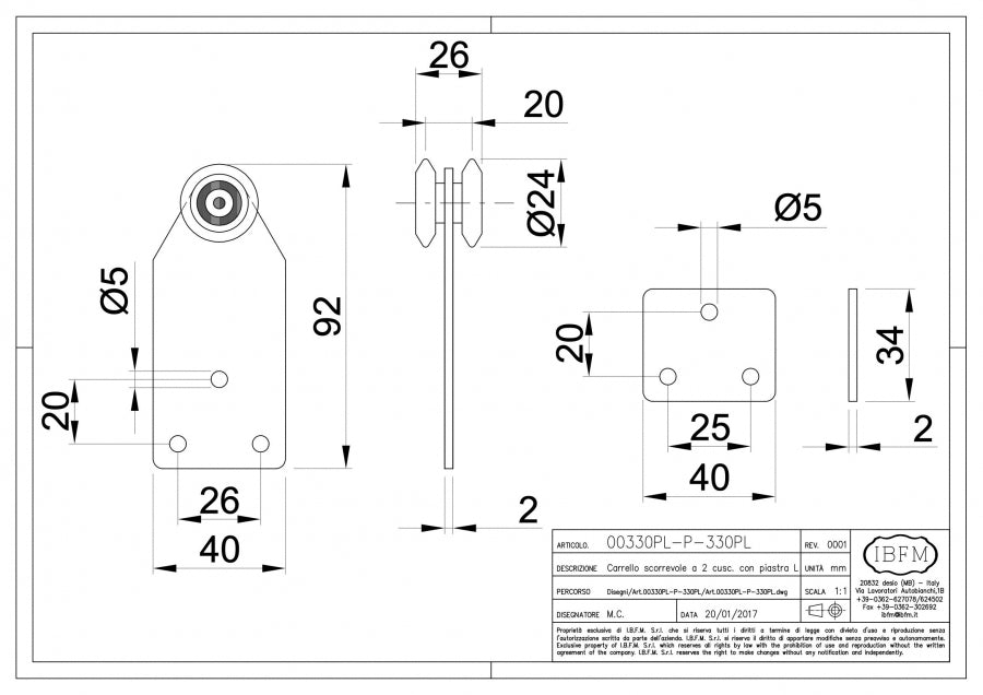 Piastra Larga per Carrello Scorrevole 2 Cuscinetti - disegno tecnico