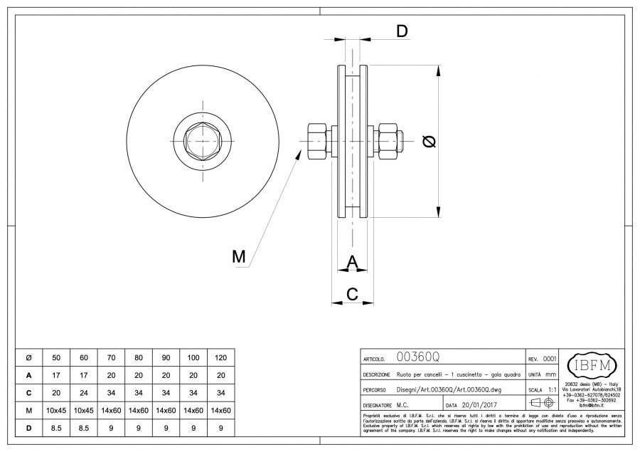 Ruota per Cancelli - 1 Cuscinetto a Sfera - Gola Quadra - disegno tecnico