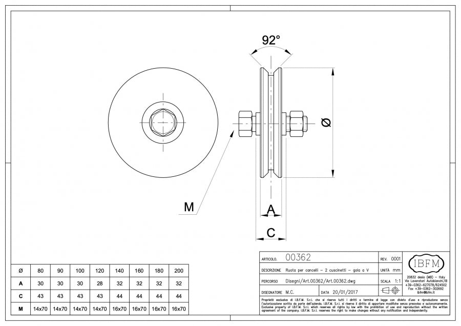 Ruota per Cancelli - 2 Cuscinetti a Sfera - Gola "V" - disegno tecnico