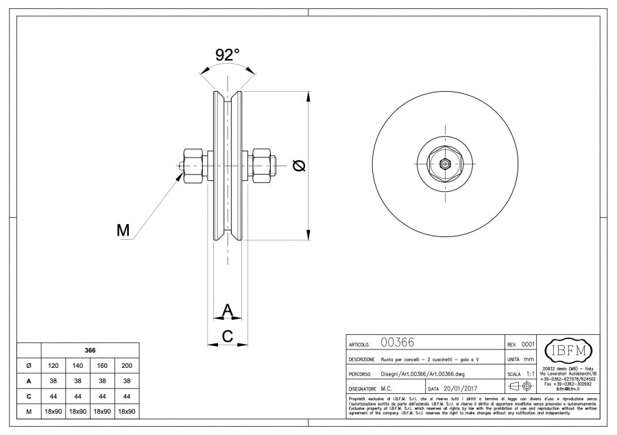 Ruota per Cancelli - 2 Cuscinetti a Sfera - Gola "V" con Ingrassatore - disegno tecnico