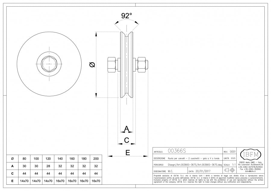 Ruota per Cancelli - 2 Cuscinetti a Sfera - Gola "V" con Ingrassatore - disegno tecnico