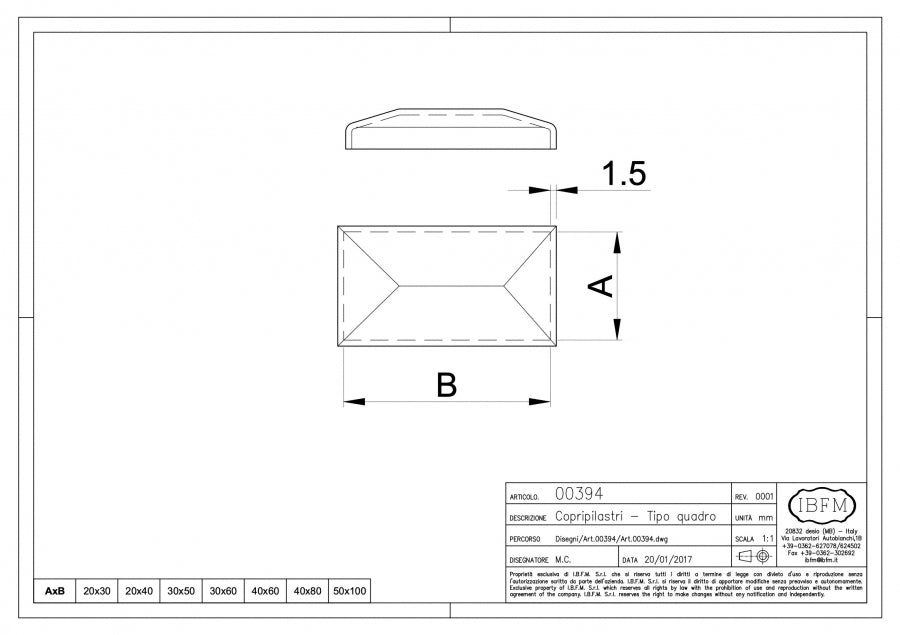 Copripilastro Rettangolare - disegno tecnico
