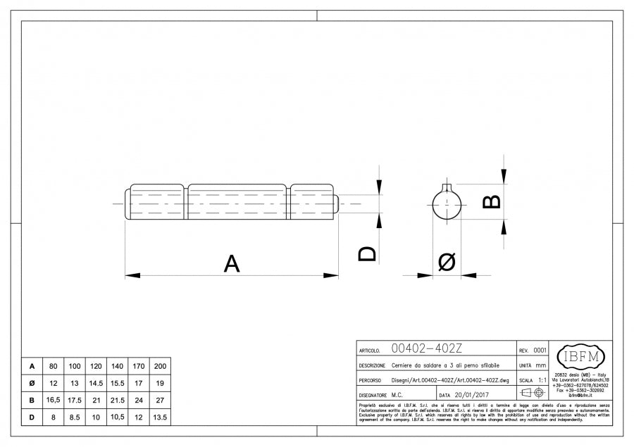 Cerniera da Saldare a 3 Ali - disegno tecnico