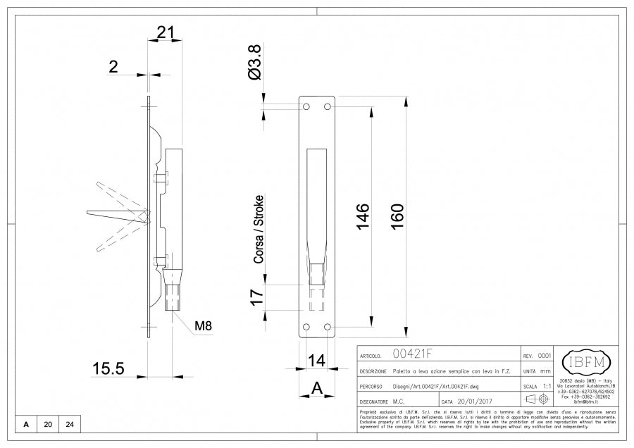 Paletto a Leva Azione Semplice - disegno tecnico