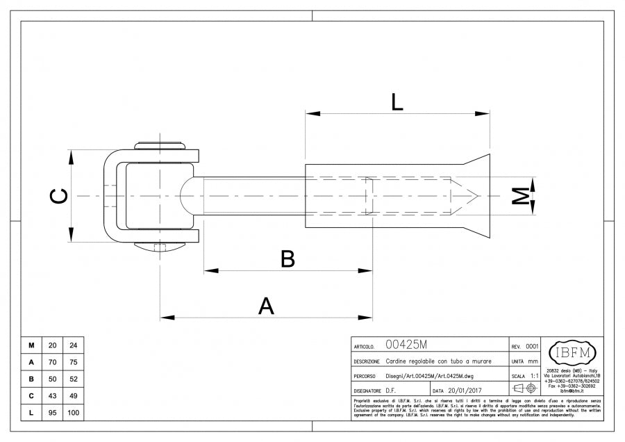 Cardine Regolabile con Tubo a Murare - disegno tecnico