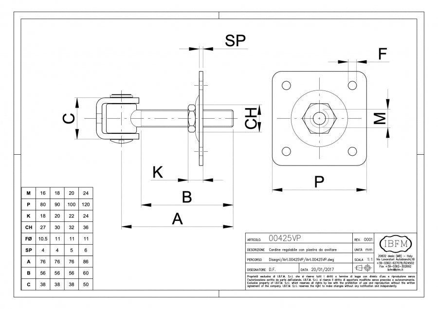Cardine Regolabile con Piastra - disegno tecnico