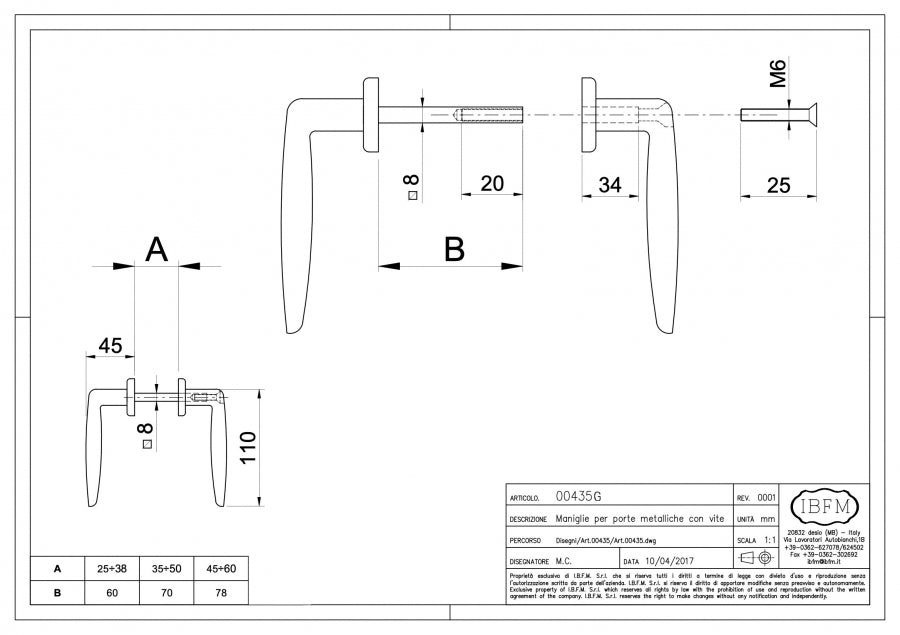 Maniglia per porta metallica - disegno tecnico