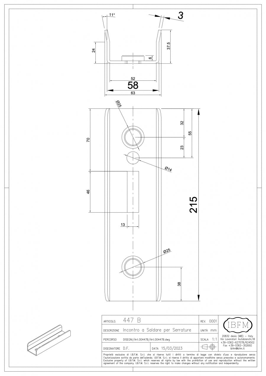 Incontro per serratura a gancio tipo Art. 447 - disegno tecnico