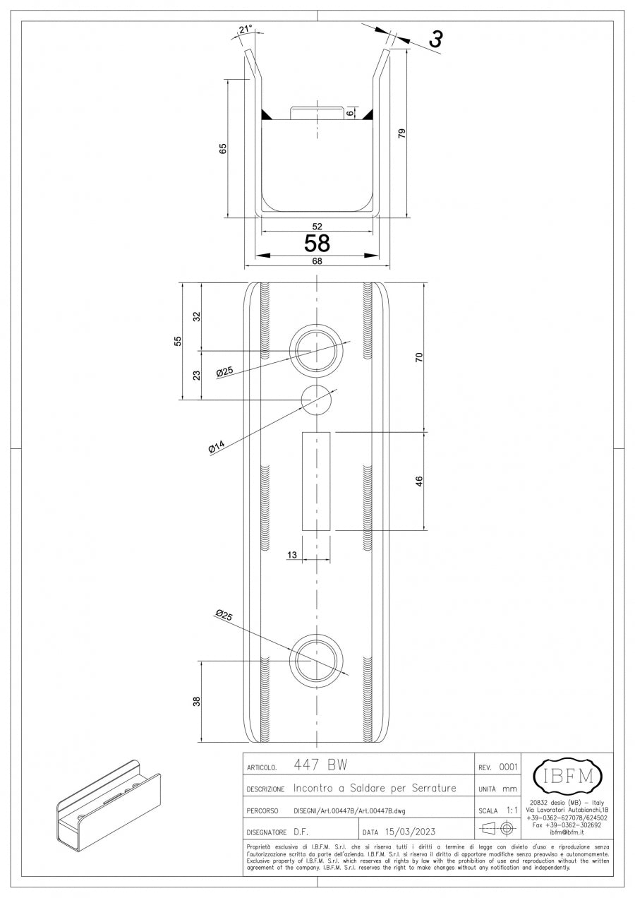 Incontro con scatolato, per serratura a gancio tipo Art. 447 - disegno tecnico