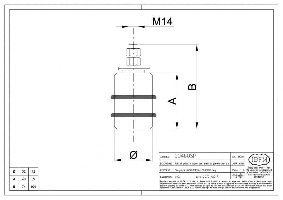 Rullo di Guida in Nylon per Cancello Scorrevole - disegno tecnico