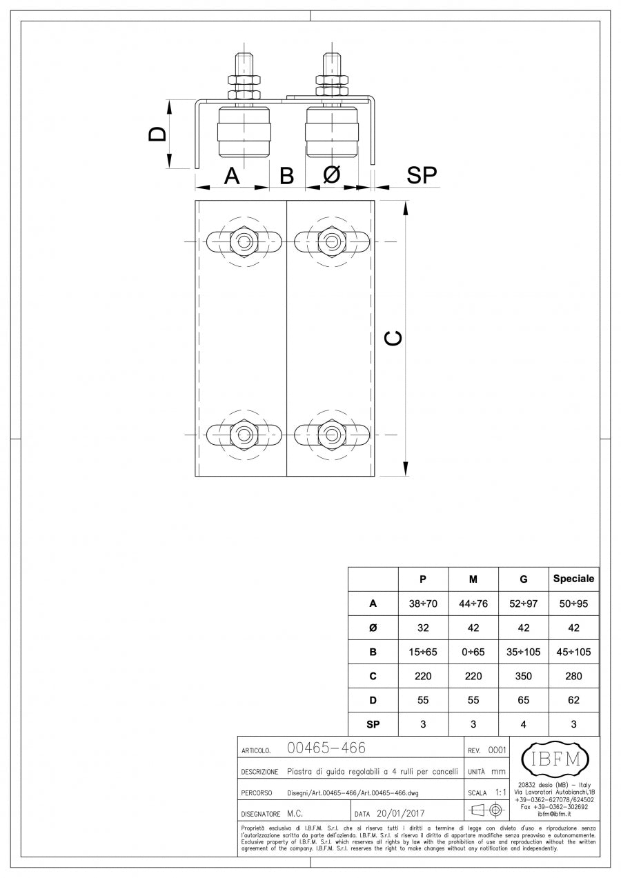 Piastre di Guida Regolabili a 4 Rulli - disegno tecnico