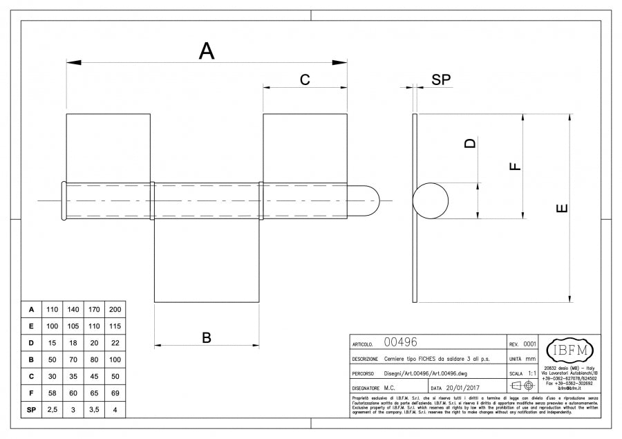 Cerniera Tipo Fiches a 3 Ali - disegno tecnico