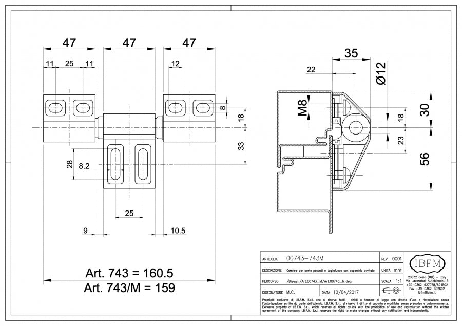 Cerniera Regolabile per Porte Pesanti - 3 Ali - disegno tecnico