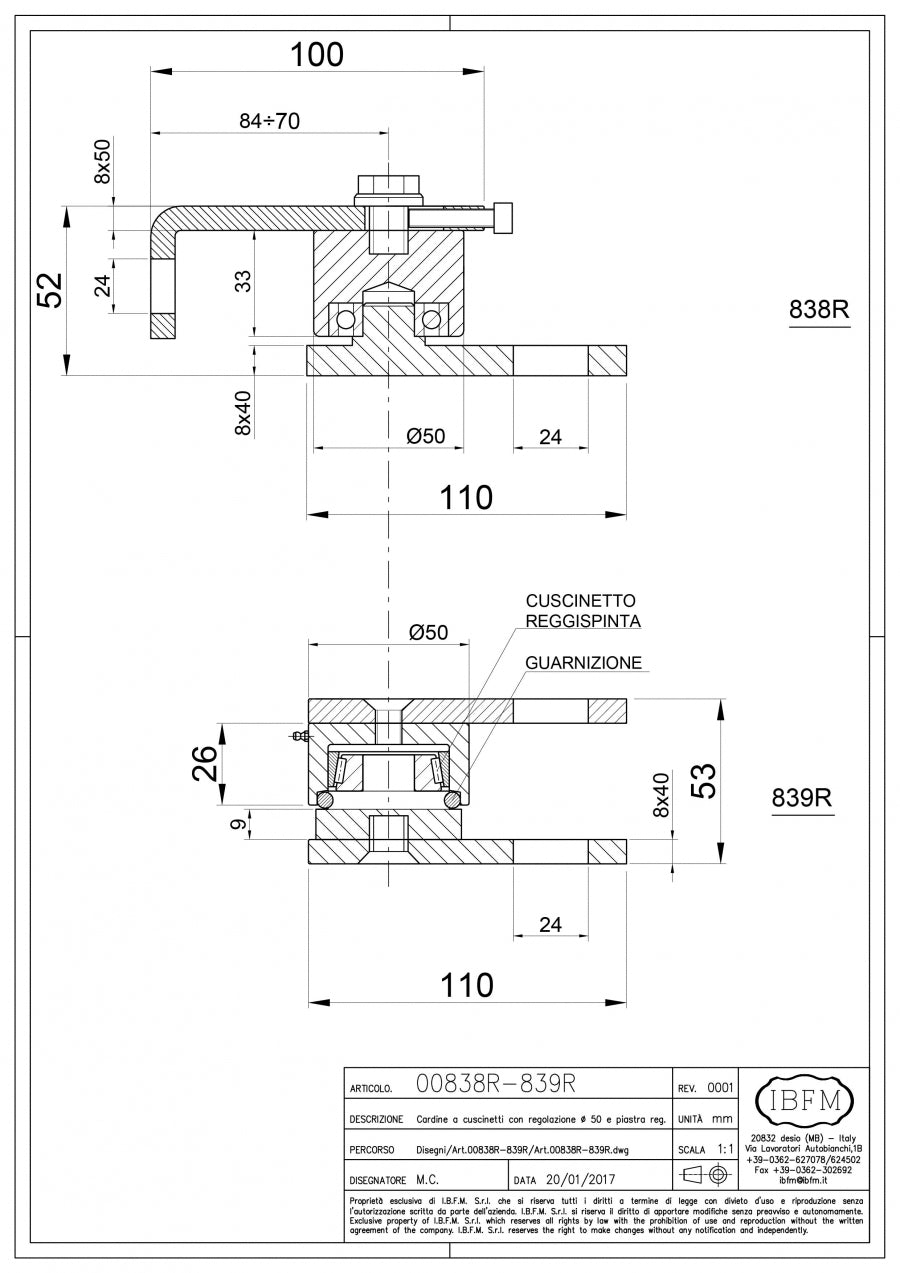 Cardine a Cuscinetti Regolabile - disegno tecnico