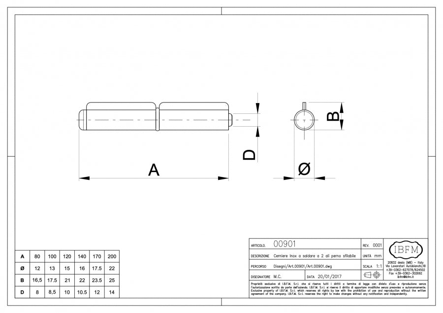 Cerniera da Saldare a Perno Sfilabile - disegno tecnico