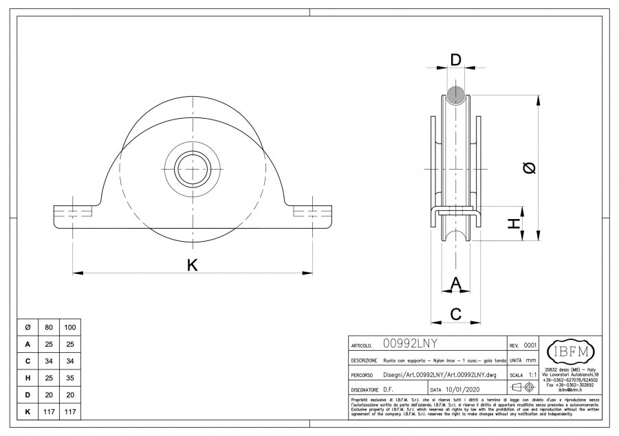 Ruota in Nylon con Supporto Interno - 1 Cuscinetto - Gola Tonda - disegno tecnico