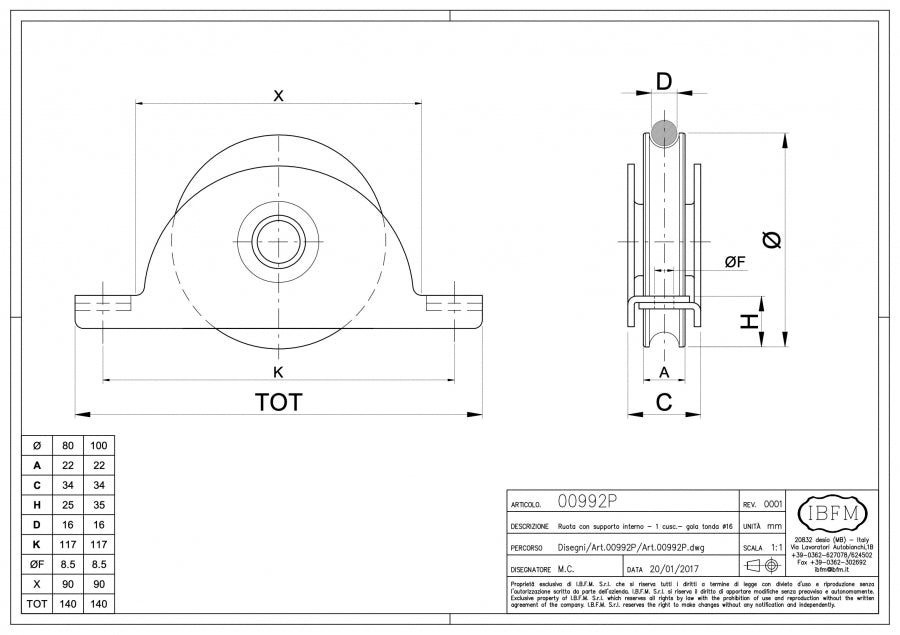 Ruota con Supporto Interno - 1 Cuscinetto - Gola Tonda Ø 16 - disegno tecnico