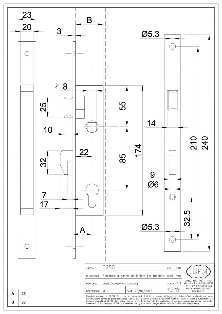 Serratura a Gancio da Infilare per Profilo Metallico Completa di Cilindro in Ottone Lucido 27+27mm - disegno tecnico