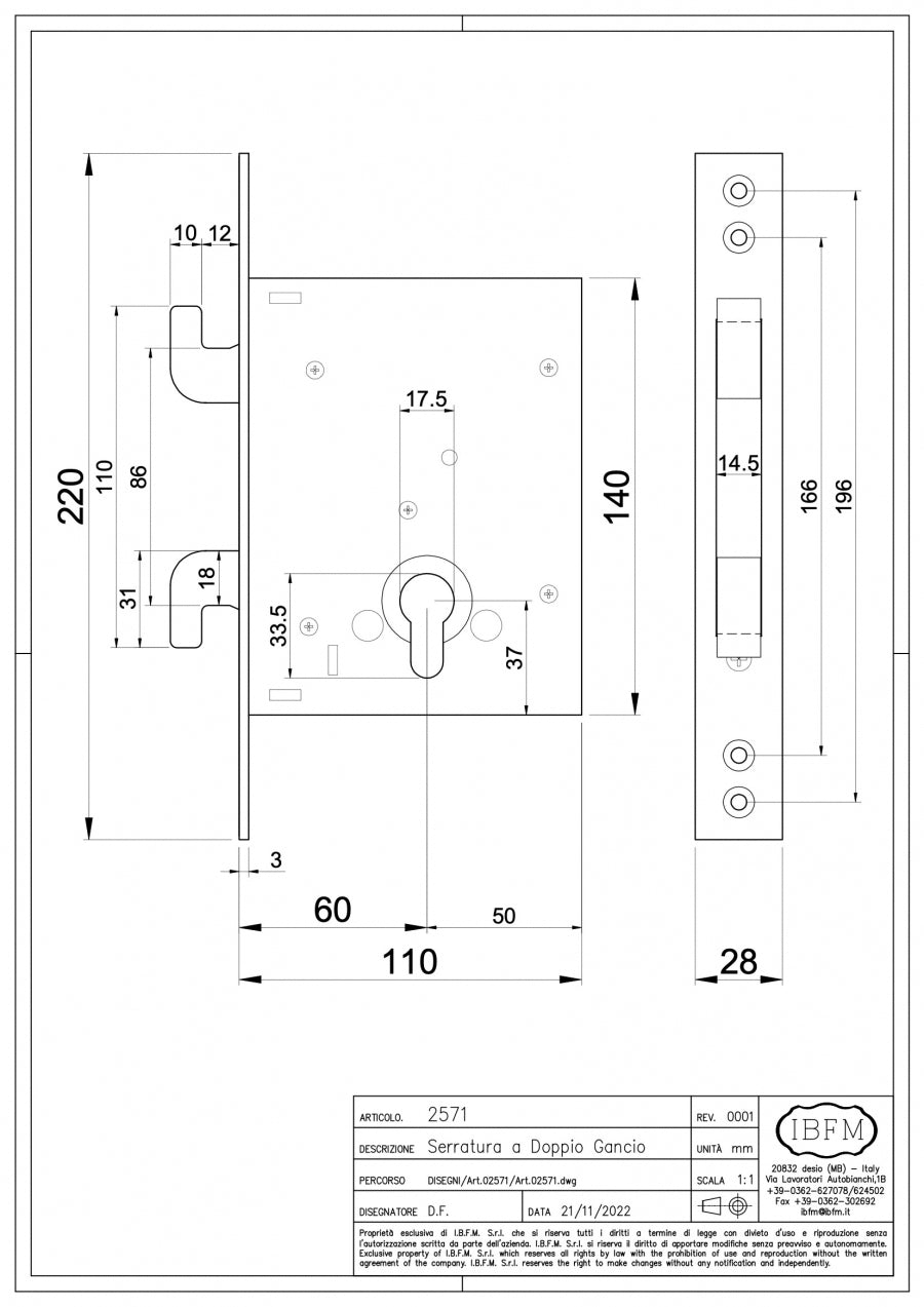 Serratura a Doppio Gancio per Cancelli Scorrevoli Completa di Cilindro in Ottone Lucido 27+27mm - disegno tecnico