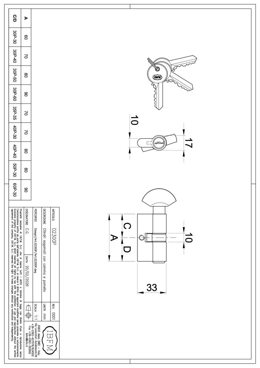 Cilindro Sagomato in Ottone Satinato con Pomolo - disegno tecnico