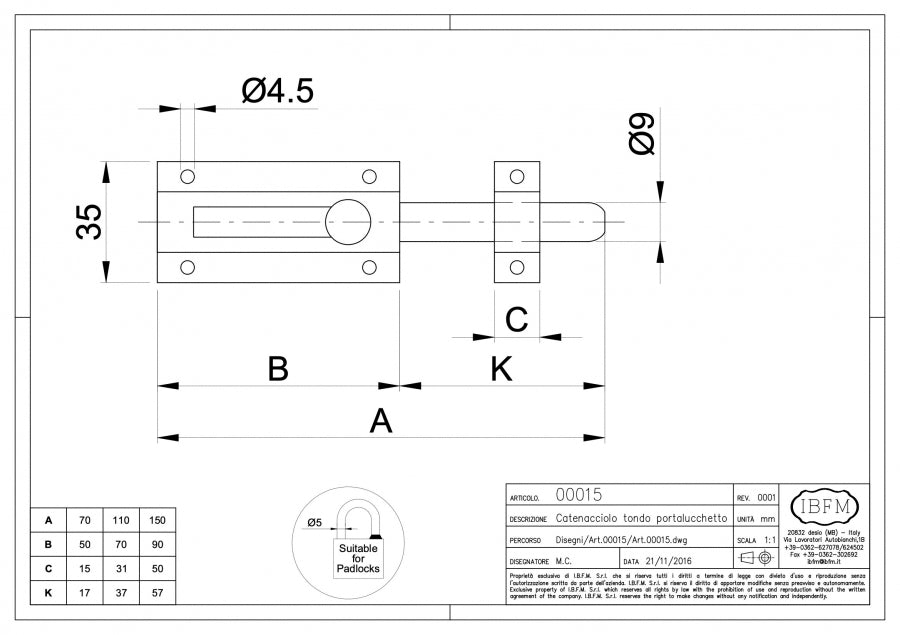 Catenaccio Tondo con Portalucchetto - disegno tecnico
