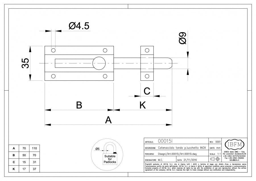 Catenaccio Tondo con Portalucchetto - disegno tecnico