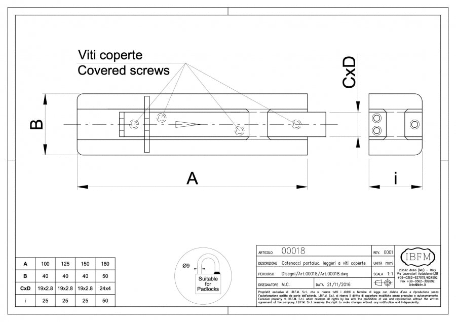 Catenaccio con Portalucchetto di Sicurezza - disegno tecnico