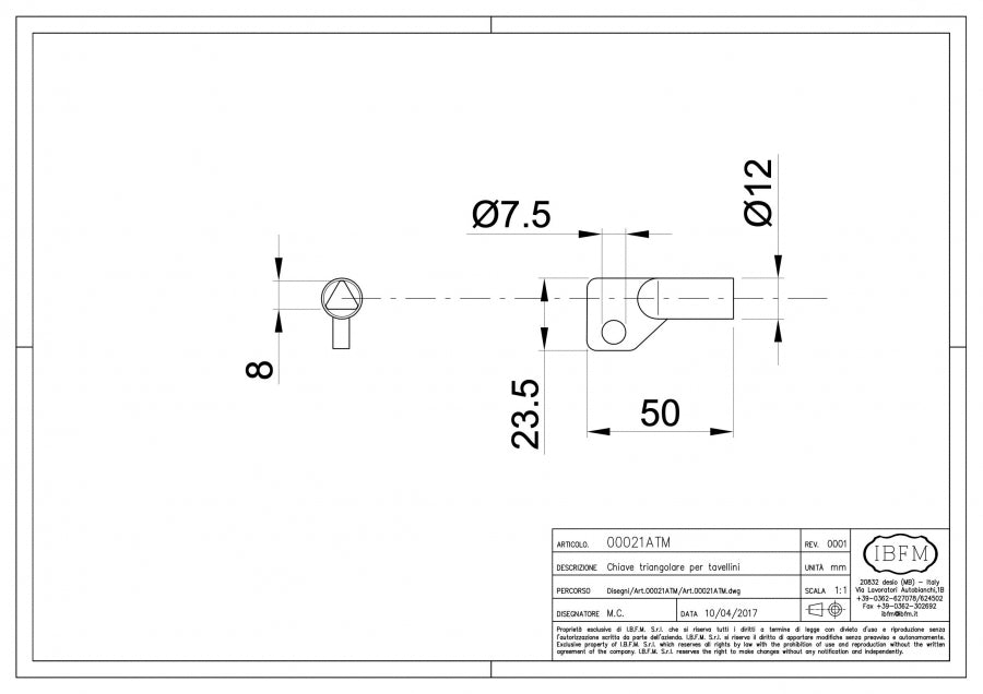 Chiave Triangolare per Tavellino - disegno tecnico