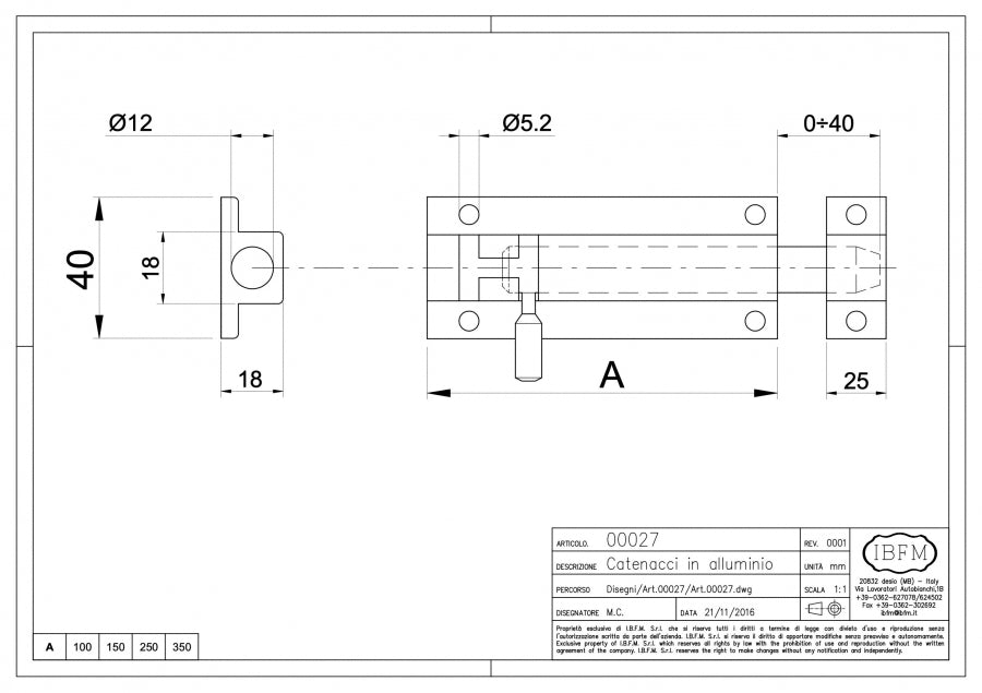 Catenaccio in Alluminio - disegno tecnico