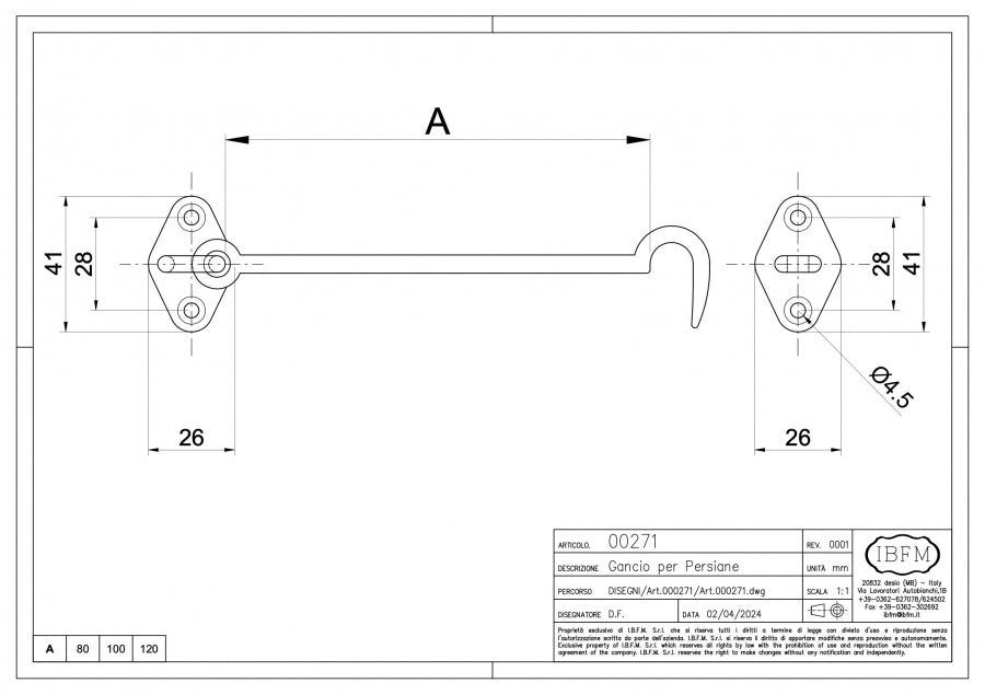 Gancio in Ottone per Persiane - disegno tecnico