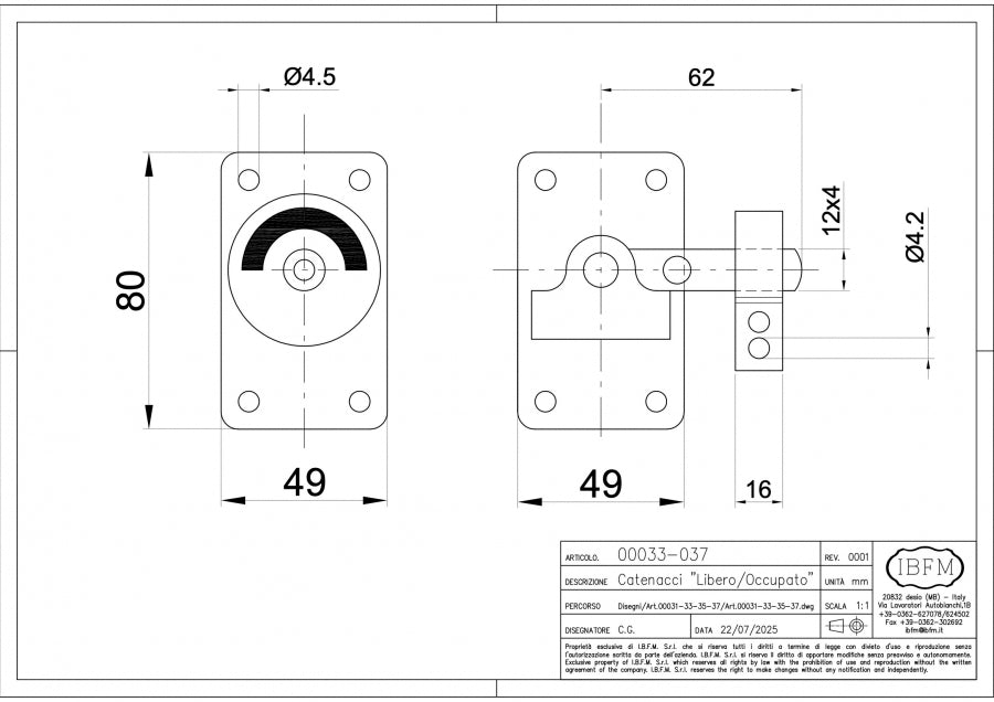 Catenaccio Libero-Occupato con Chiave - disegno tecnico