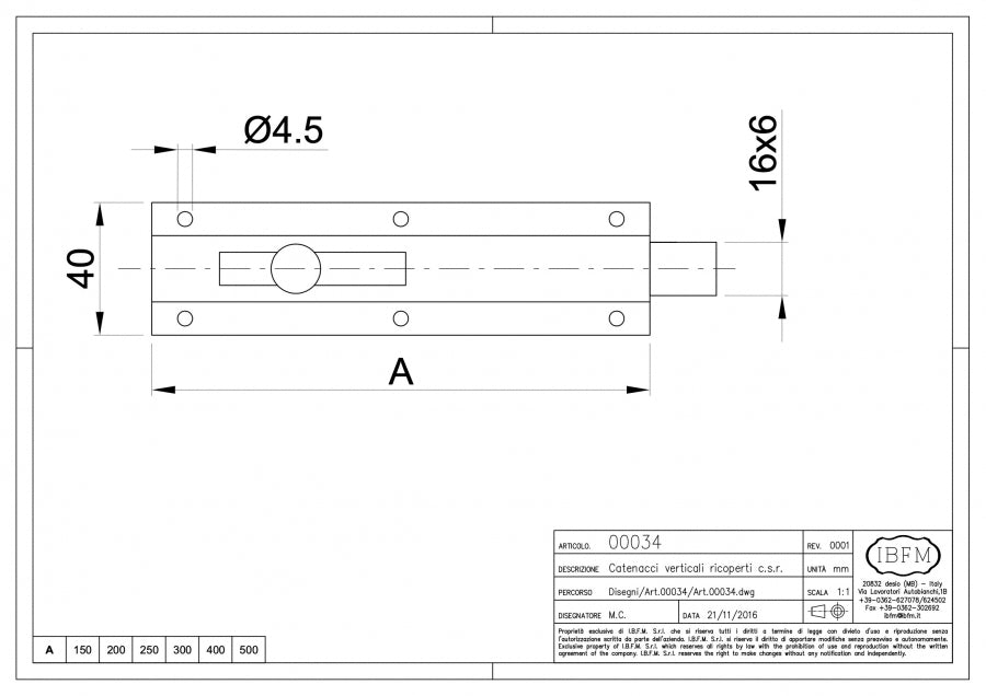 Catenaccio Verticale - disegno tecnico
