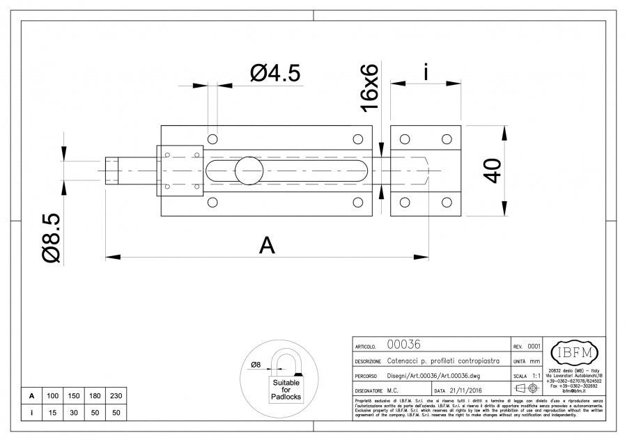 Catenaccio Profilato Portalucchetto - disegno tecnico
