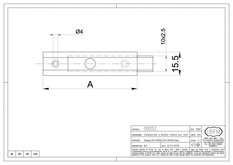 Catenaccio a Binario - disegno tecnico