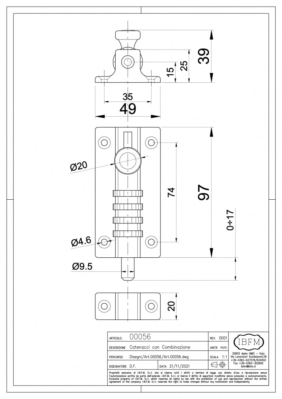 Catenaccio a Combinazione - disegno tecnico