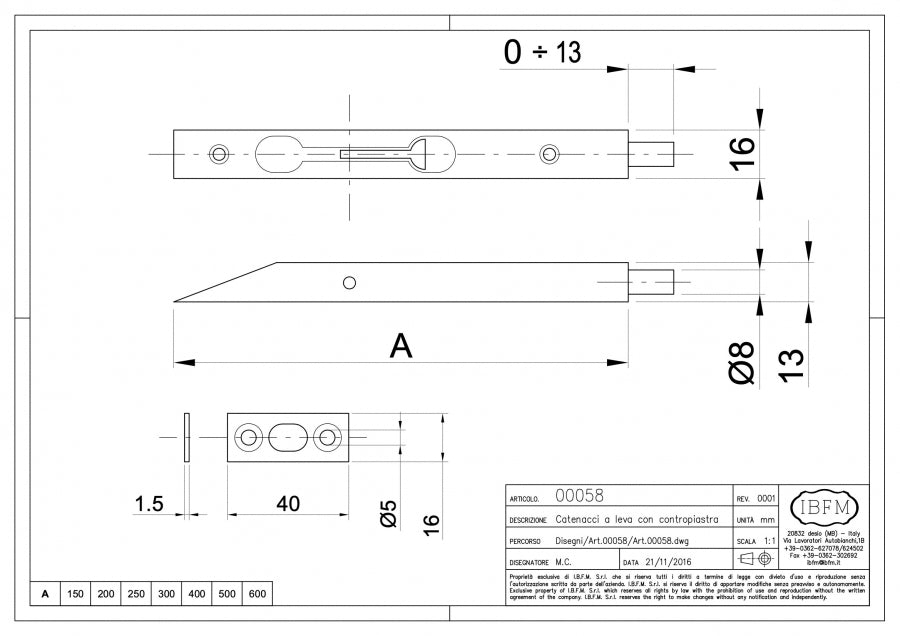 Catenaccio a Leva - disegno tecnico