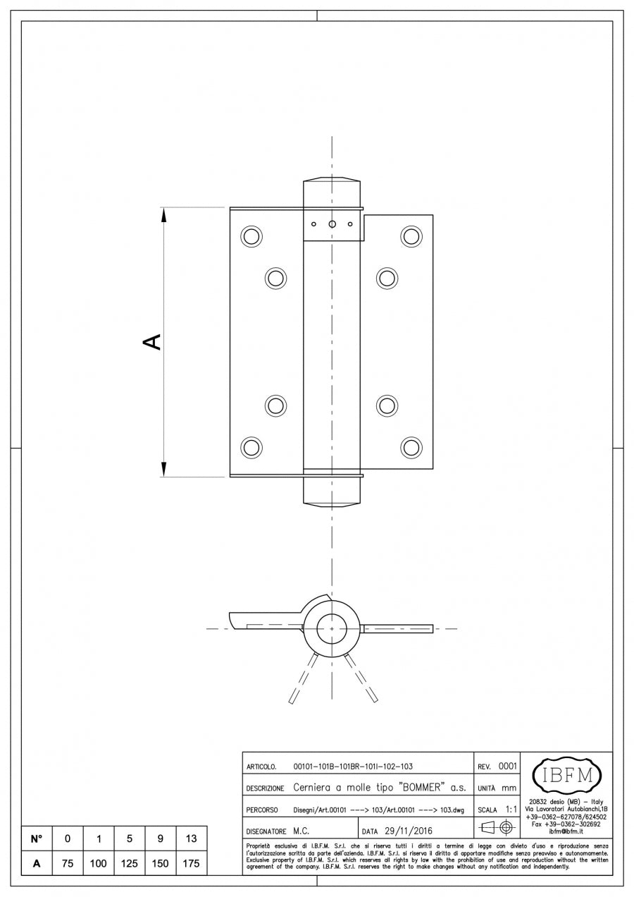 Cerniera a Molla Azione Singola - disegno tecnico