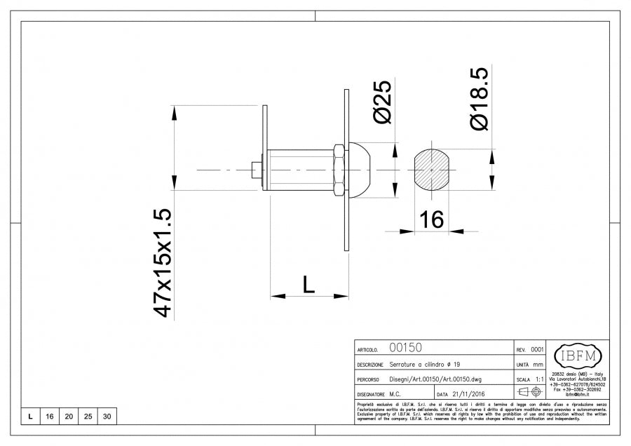 Serratura a Cilindro Cifratura Unica - disegno tecnico
