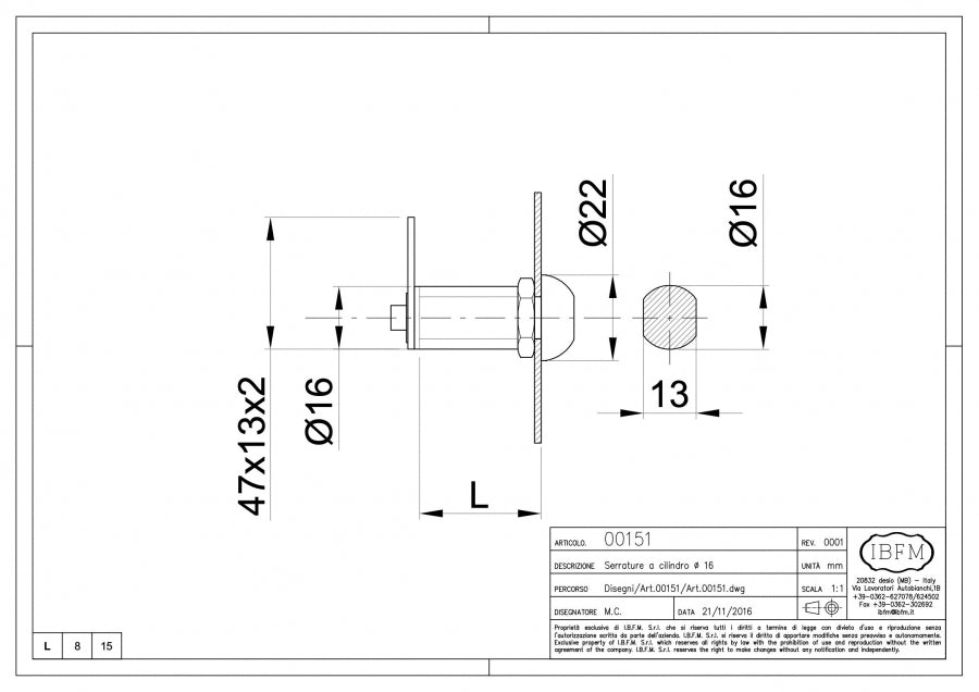 Serratura a Cilindro Cifratura Unica - disegno tecnico