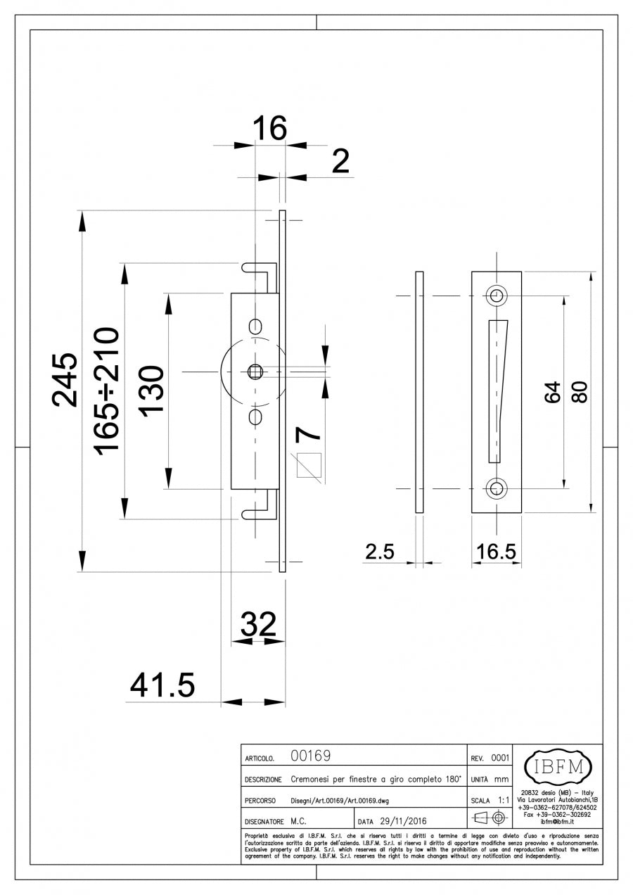 Cremonese per Finestra - disegno tecnico