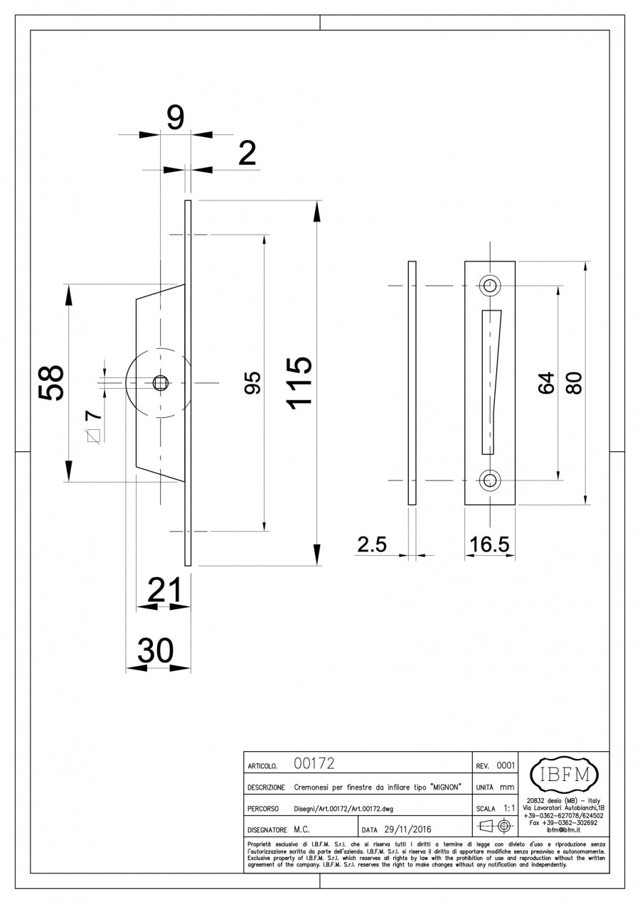 Cremonese per Finestra - disegno tecnico