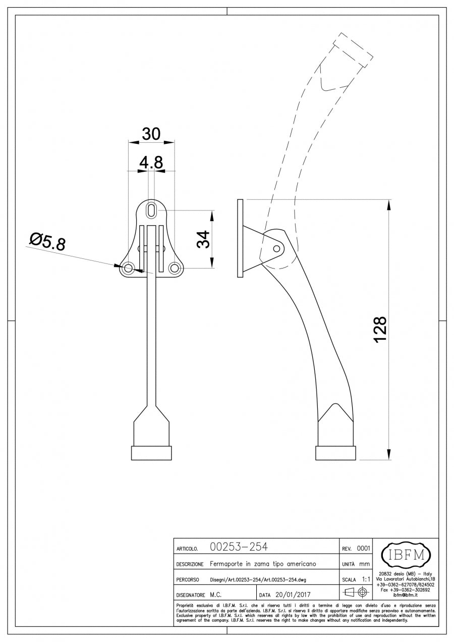 Fermaporta in Zama Tipo Americano - disegno tecnico