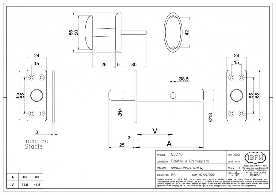 Paletto di sicurezza a cremagliera per porte blindate - disegno tecnico