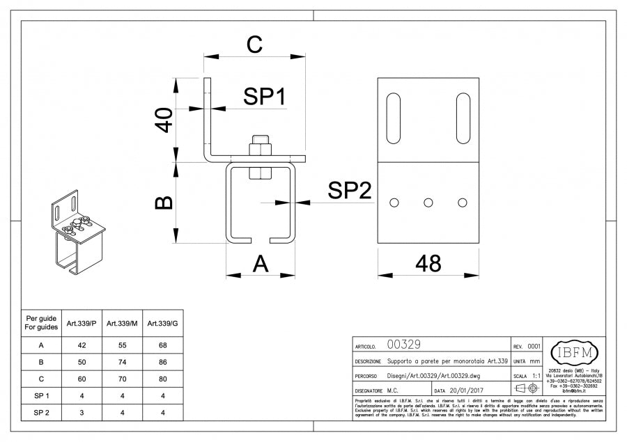 Supporto a Parete per Monorotaia - disegno tecnico