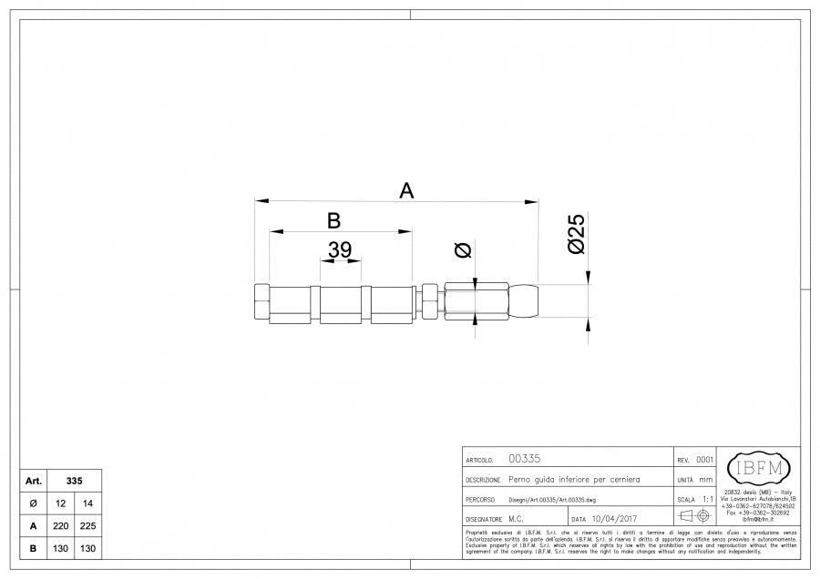 Perno Guida Inferiore - disegno tecnico